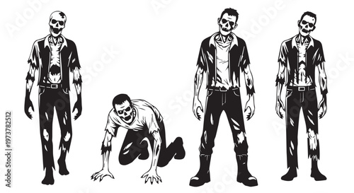 A black and white illustration of four zombies in different poses on a plain background