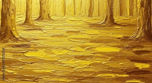 A yellow forest with trees and a path