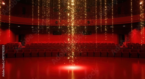 A pixelated image of a red and gold room with a chandelier