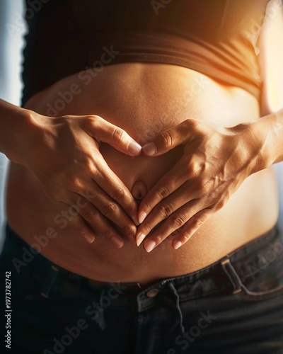 Pregnant woman's belly with her hands on her navel, pregnancy concept. Color image with copyspace