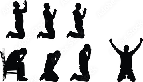 Man silhouettes praying and celebrating, kneeling poses, faith and hope, emotional expression, religion, success gesture, spiritual devotion, human concept illustration