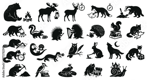 A collection of whimsical black and white silhouette illustrations featuring various woodland animals engaged in charming activities, perfect for storytelling and nature-themed designs.