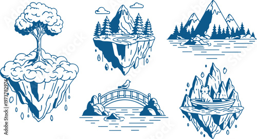 Floating Islands, Landscape Icons, Nature Elements, Vector Illustrations isolated on Transparent Background