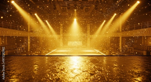 A brightly lit stage with spotlights shining down on it