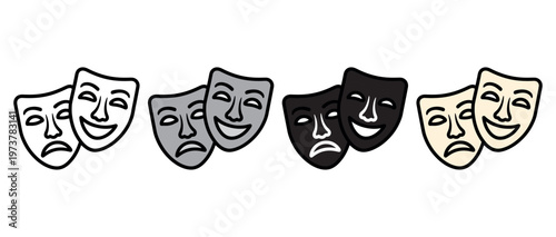 set of five theater comedy and tragedy mask icons on white background