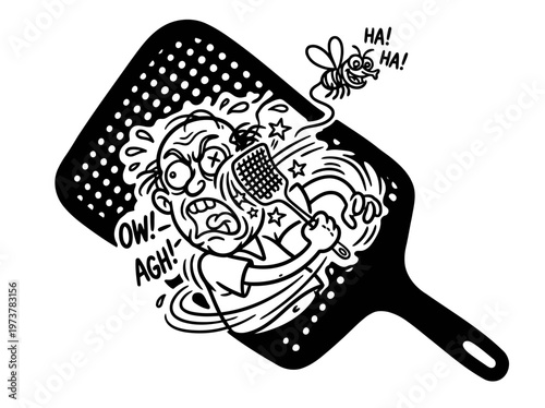 Minimalist Fly Swatter with Self-Slap Cartoon Line Art, Monochrome Vector Illustration of Bug Slapstick Humor
