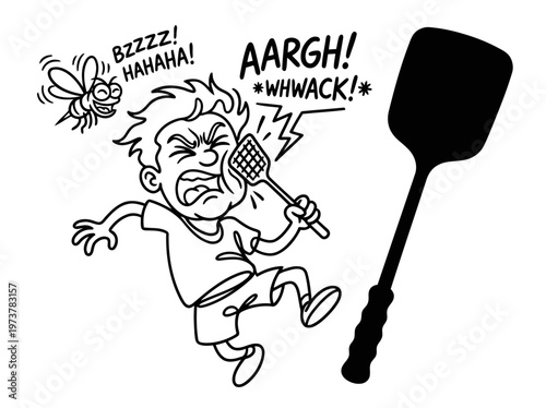 Minimalist Fly Swatter with Self-Slap Cartoon Line Art, Monochrome Vector Illustration of Bug Slapstick Humor