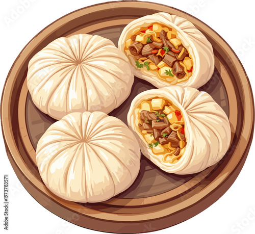 Chinese bao buns in bamboo steamer, dim sum steamed baozi asian cuisine illustration