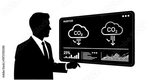 Professional businessman analyzing carbon emissions data on a digital screen, showcasing environmental auditing and sustainability management