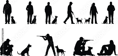 Silhouettes of people with dogs walking, training, and hunting, pet care lifestyle, animal companionship, outdoor activity, canine training concept