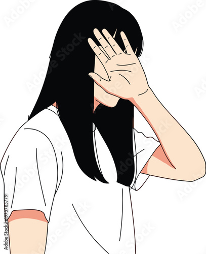 Woman covering face with hand, privacy concept, hiding identity, shame emotion, anonymous person, avoidance gesture, mental health, vector illustration design