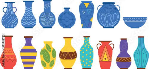 Colorful Decorative Ceramic Vase Collection with Geometric Patterns Leaf Motifs and Modern Artistic Designs in Flat Vector Illustration Set for Home Decor