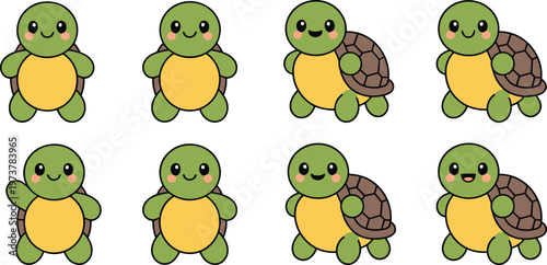 Cute kawaii turtle vector character set featuring happy smiling tortoises in various poses including waving and standing isolated on white.