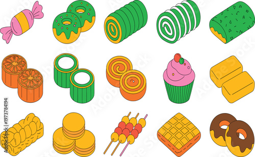 Large collection of isometric sweets and snacks featuring colorful donuts cupcakes candy swiss rolls waffles and asian street food skewers.