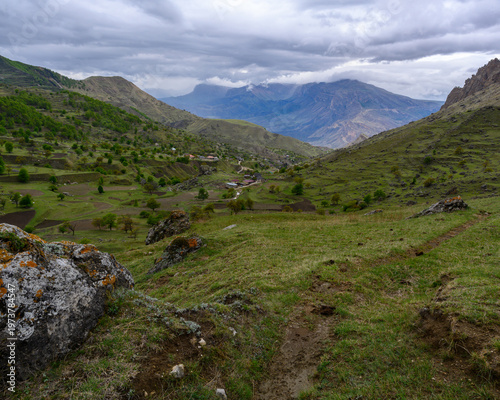 Scenic Valley View Under a Cloudy Sky. Dagestan Russia.