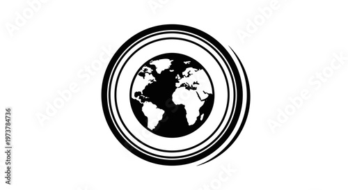 Black and white globe icon inside concentric circles on a white background