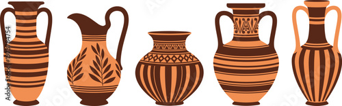 Decorative Ceramic Vase Set with Traditional Patterned Pottery Jugs and Pitchers for Cultural Art Craft Vintage Design Illustration Collection