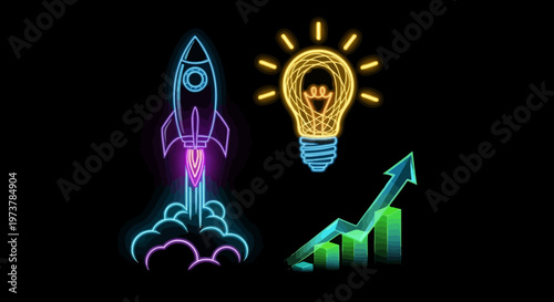 A neon rocket ship blasts off beside a glowing lightbulb and a rising graph chart.