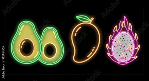 Neon signs of avocado, mango, and dragon fruit on a black background with vibrant colors.