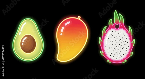 Vibrant neon illustrations of avocado, mango, and dragon fruit on black background