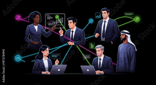 Business professionals collaborate on project with laptops and graphs in modern office setting.