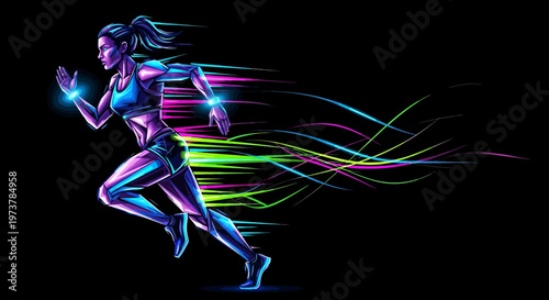 A woman runs quickly with glowing lines trailing behind her in the dark.