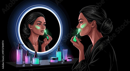 Woman applies glowing skincare products in front of illuminated mirror at night