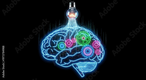The human brain with gears and a lightbulb on a black background represents inspiration.