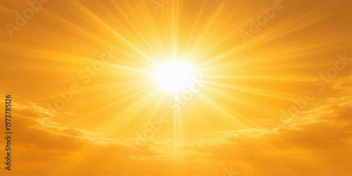 A bright summer day reveals golden sunlight and solar rays breaking through white clouds in a beautiful blue nature cloudscape