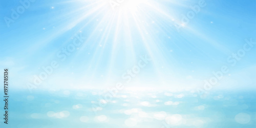 A beautiful sunny day features a bright sun and white clouds in a clear blue sky, creating a high-altitude nature view with abstract light and summer cloudscape