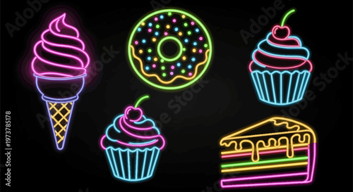 Neon signs of ice cream, donuts, cupcakes, and cake on a black background.
