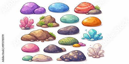 A set of chocolate Easter eggs resembling natural stone pebbles and amethyst crystals is isolated on a white background with a brown and green shell pattern