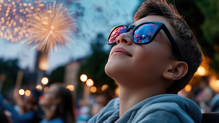 Young boy watching festive fireworks display reflecting in sunglasses during Brazil's Independence Day celebration. Independence Day of Brazil