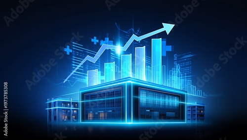 futuristic data center with glowing blue graphs and charts indicating growth