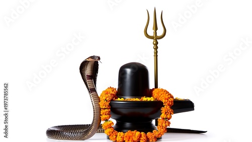 Traditional Hindu puja thali with diya, flowers, and trident on white background