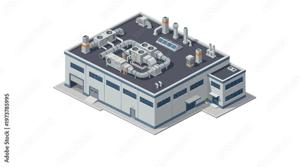 Obraz premium Industrial factory building with HVAC systems and cooling towers, modern manufacturing plant infrastructure concept