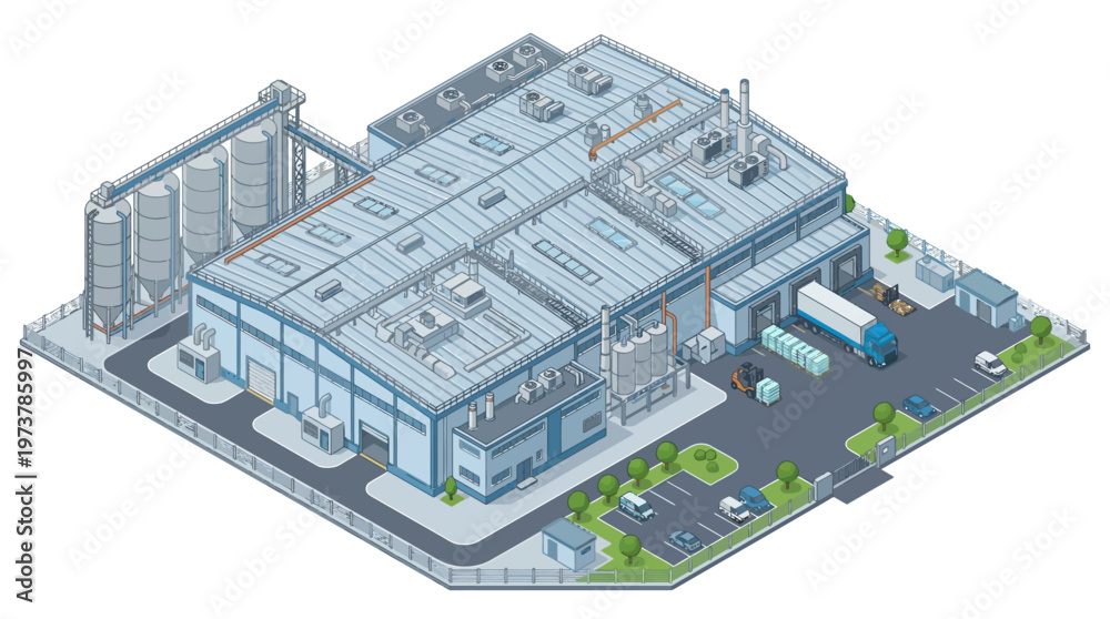 Obraz premium Industrial production facility with loading docks and silos, representing manufacturing and logistics
