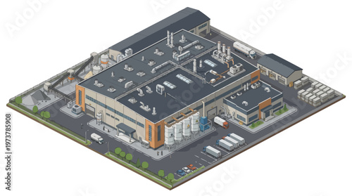 Industrial Facility with Trucks and Warehouses, Isometric View of a Modern Manufacturing Plant with Loading Docks and Storage Buildings