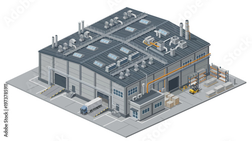 Modern Industrial Warehouse Isometric Illustration Showcasing Logistics and Supply Chain Operations with Delivery Trucks and Forklifts at Loading Docks