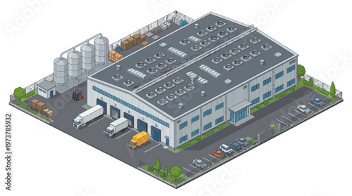 Isometric warehouse building with loading docks, trucks, and storage tanks