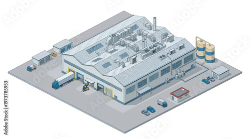 Isometric illustration of a large industrial factory complex with loading docks, vehicles, and storage tanks, representing manufacturing and production