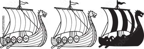 Viking ship icons, ancient Norse vessels, sailing boat illustrations isolated on Transparent Background