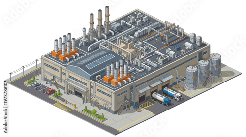 Isometric illustration of a detailed industrial factory complex, showcasing modern manufacturing facilities, towering smokestacks, and busy loading docks for large-scale production