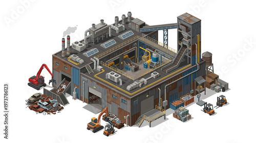 Industrial factory building complex with heavy machinery and scrap metal for recycling and manufacturing purposes