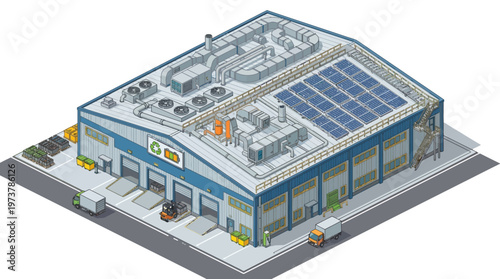 Isometric view of a modern industrial recycling and waste management facility with solar panels and loading docks