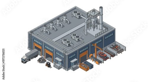 Industrial manufacturing plant with vehicles and cargo for logistics and distribution operations