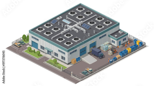 Isometric Illustration of a Modern Industrial Warehouse with Loading Docks and Equipment