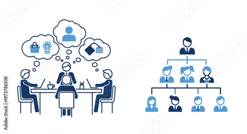 Two blue vector icons showing a team brainstorming around a table with thought bubbles and a hierarchical organizational chart of a company's staff.