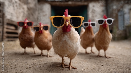 Chickens wearing sunglasses strutted through farmyard outdoor scene