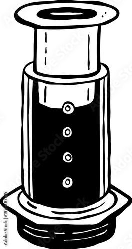 AeroPress coffee maker, hand-drawn line art with natural imperfect lines. Minimalist contour illustration of manual coffee brewing equipment, coffee press device and barista accessories. 